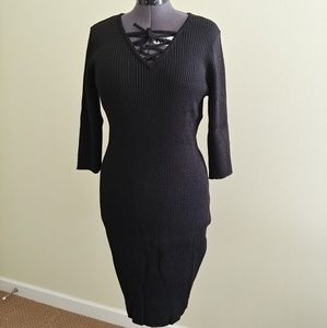 Black and Metallic Bodycon Dress w/Lace Up Details